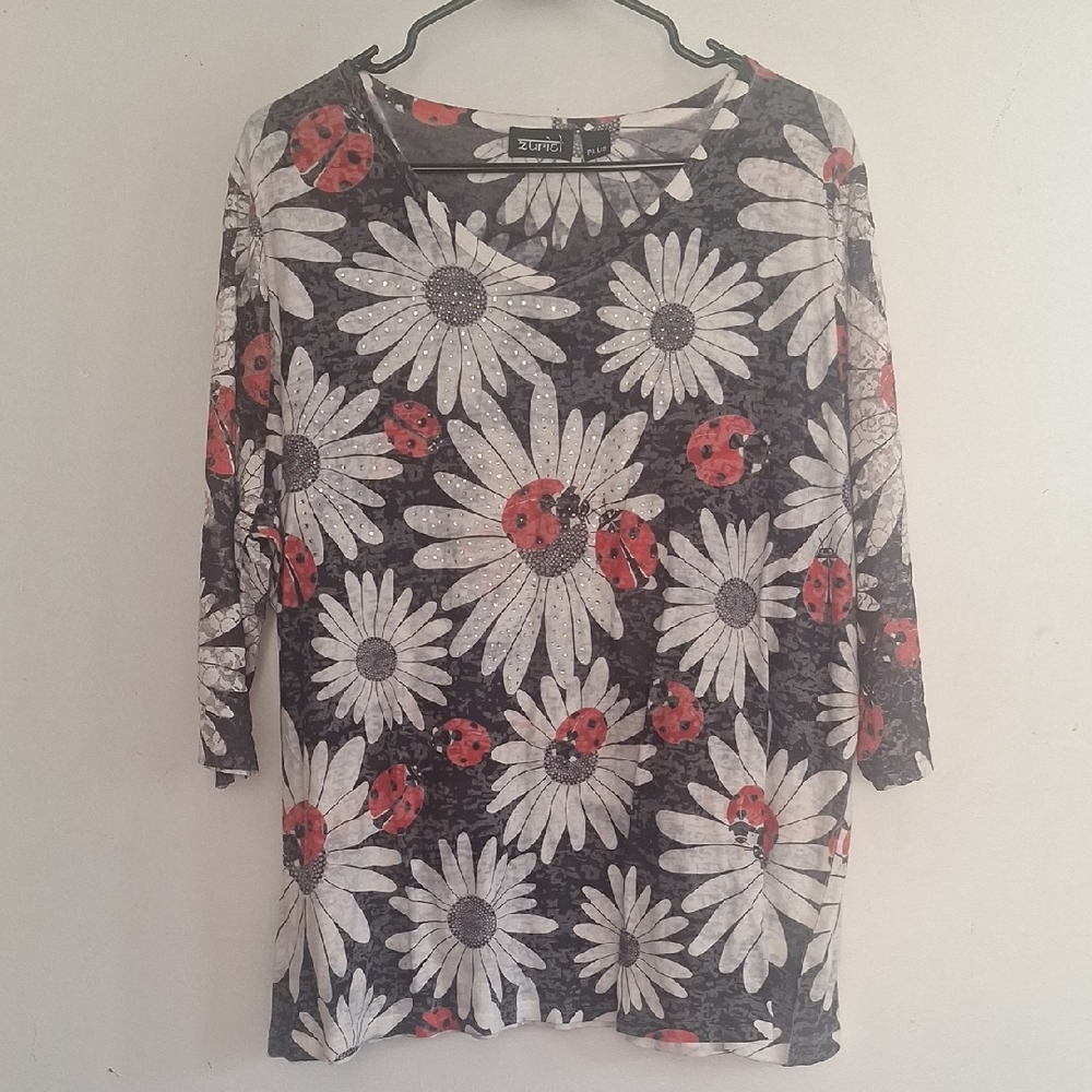 Zanzea Black and Red Ladybug Floral Blouse